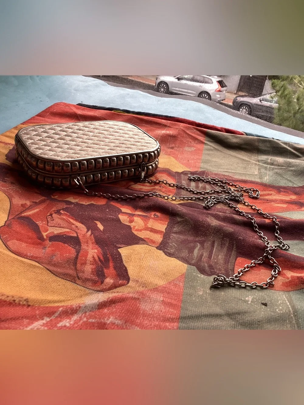Silver metal & blush quilted sides cocktail purse